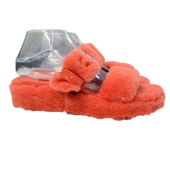 UGG Fuzz Yeah Sheepskin Sherpa Double Buckle Sandals Coral Pink Size 9 - Picture 1 of 11